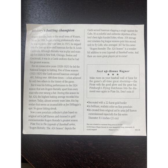 DELPHI ROGER HORNSBY THE .424 SEASON LARGE 8" PLATE BRADFORD EXCHANGE - Picture 4 of 7